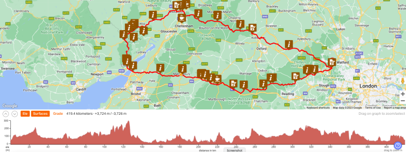 The draft route for the London Wales London 400km cycle ride